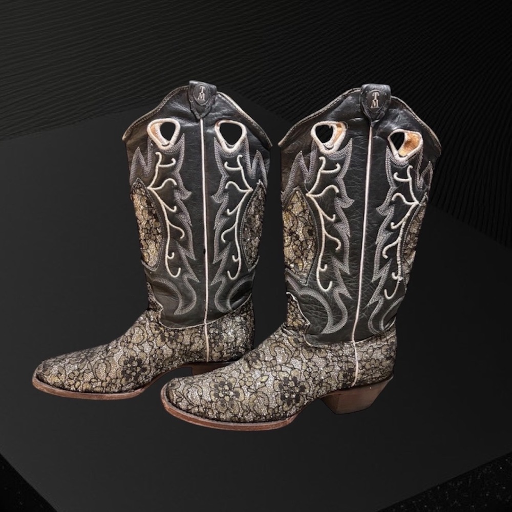 Tanner Mark Cowboy Boots Black Silver & Gold Lace Square Toe Women Size 9 - Picture 4 of 8